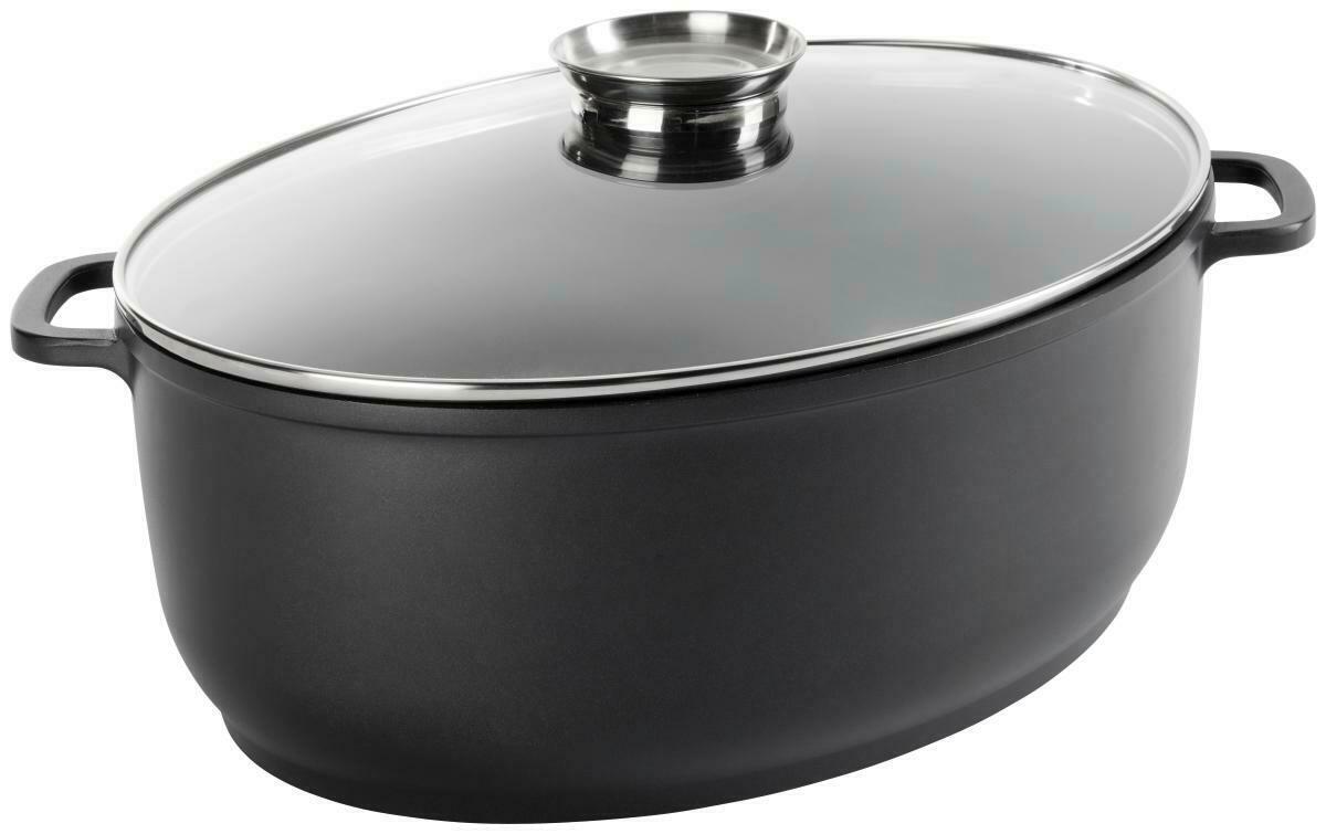Homeware Bräter PERFECT COOKING Schwarzer ovaler Bräter mit Glasdeckel und zwei Griffen, seitliche Perspektive