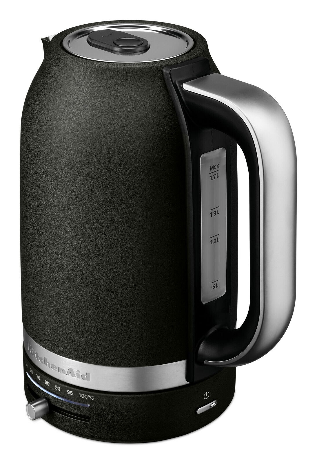 Schwarzer Wasserkocher mit 1,7 L Fassungsvermögen, seitliche Ansicht mit Temperaturanzeige und Edelstahlgriff.