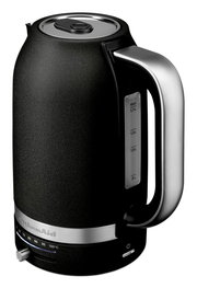 Schwarzer Wasserkocher mit 1,7 L Fassungsvermögen, seitliche Ansicht mit Temperaturanzeige und Edelstahlgriff.