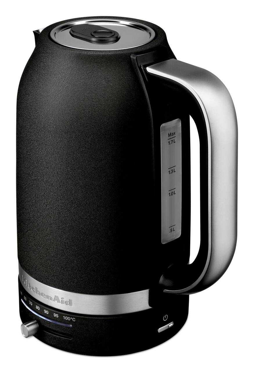 Schwarzer Wasserkocher mit 1,7 L Fassungsvermögen, seitliche Ansicht mit Temperaturanzeige und Edelstahlgriff.