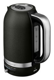 Schwarzer Wasserkocher mit 1,7 L Fassungsvermögen, seitliche Ansicht mit Temperaturanzeige und Edelstahlgriff.