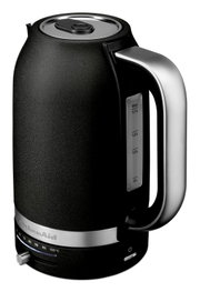 Schwarzer Wasserkocher mit 1,7 L Fassungsvermögen, seitliche Ansicht mit Temperaturanzeige und Edelstahlgriff.