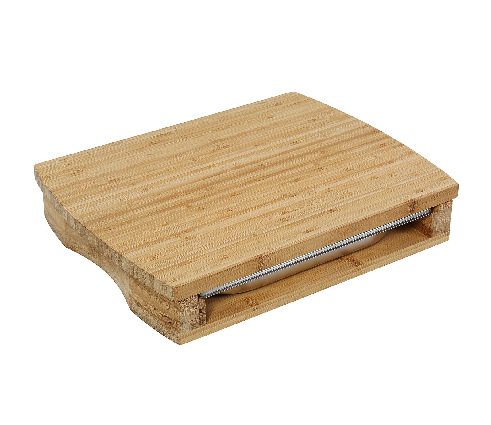 Holz-Arbeitsbrett mit integrierter Schublade, perspektivisch von schräg oben fotografiert