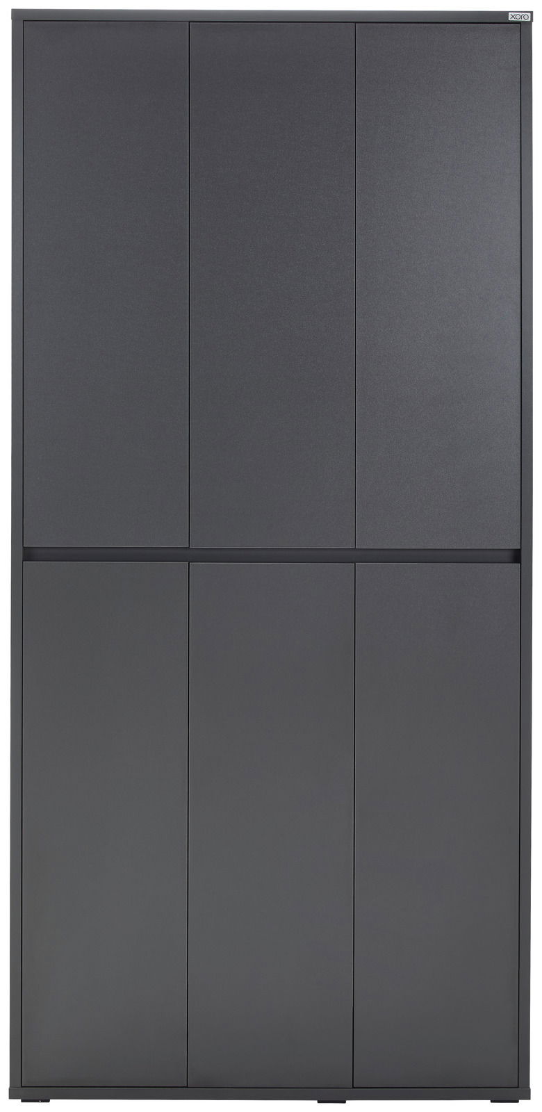 Frontansicht eines modernen, grauen XXL-Schuh- und Mehrzweckschranks mit sechs Türen.