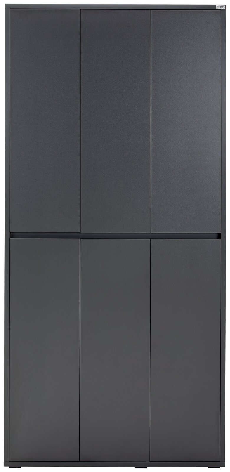 Frontansicht eines modernen, grauen XXL-Schuh- und Mehrzweckschranks mit sechs Türen.