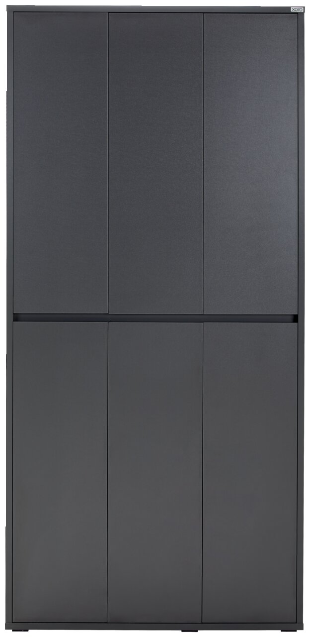 Frontansicht eines modernen, grauen XXL-Schuh- und Mehrzweckschranks mit sechs Türen.