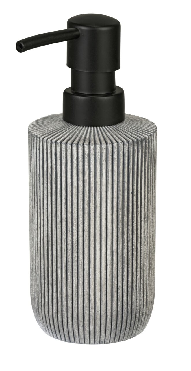 Schöner Wohnen Seifenspender ANTELLA Grauer Seifenspender mit vertikalen Streifen und schwarzem Pumpkopf, seitliche Perspektive