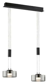 Moderne Pendelleuchte Lavin mit zwei zylindrischen Lampenschirmen aus Glas, hängend an schwarzen Kabeln, seitliche Perspektive.
