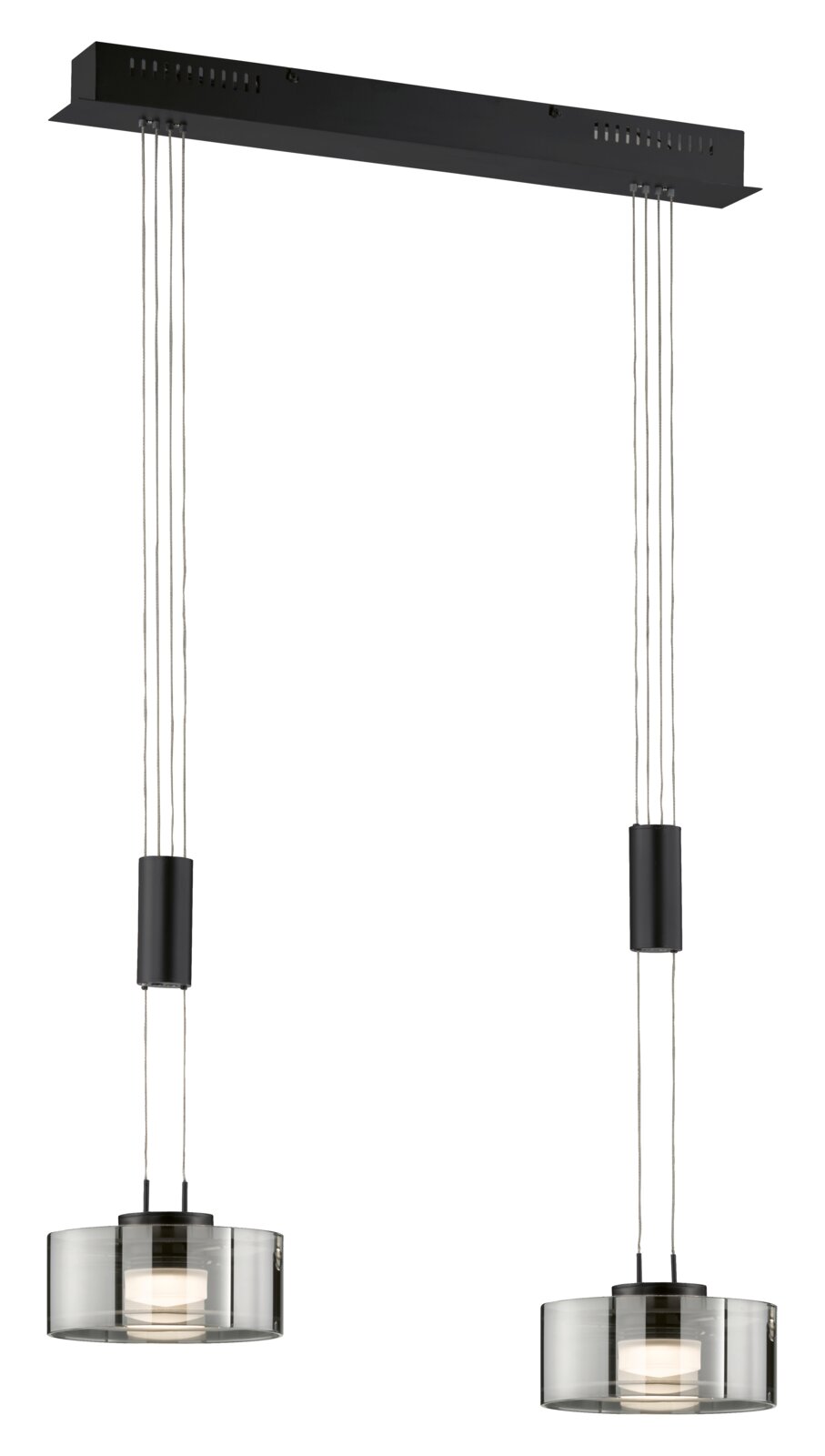 Fischer & Honsel Pendelleuchte LAVIN Moderne Pendelleuchte Lavin mit zwei zylindrischen Lampenschirmen aus Glas, hängend an schwarzen Kabeln, seitliche Perspektive.