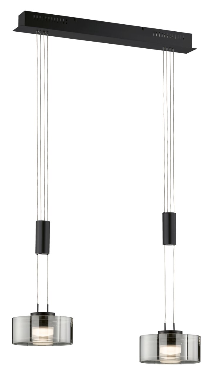 Moderne Pendelleuchte Lavin mit zwei zylindrischen Lampenschirmen aus Glas, hängend an schwarzen Kabeln, seitliche Perspektive.