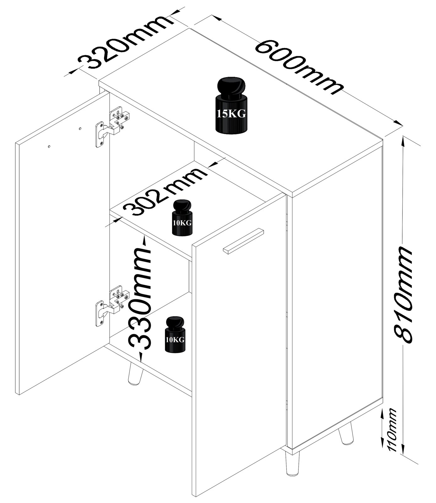 Technische isometrische Ansicht eines schmalen, weißen Badezimmer-Unterschranks mit geöffneter Tür, Einlegeboden und Maßangaben (ca. 600 mm Breite, 320 mm Tiefe, 810 mm Höhe) sowie Belastbarkeitssymbolen 15 kg oben und 10 kg je Fachboden.