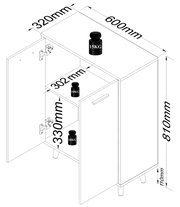 Technische isometrische Ansicht eines schmalen, weißen Badezimmer-Unterschranks mit geöffneter Tür, Einlegeboden und Maßangaben (ca. 600 mm Breite, 320 mm Tiefe, 810 mm Höhe) sowie Belastbarkeitssymbolen 15 kg oben und 10 kg je Fachboden.