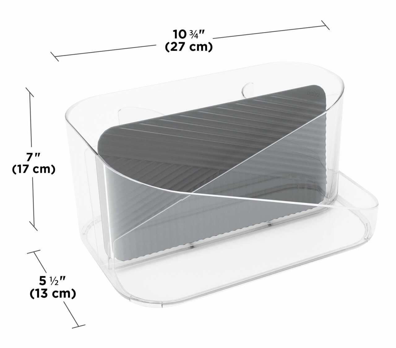 Transparenter Haarwerkzeug-Organizer mit abgerundeten Ecken, seitlicher Perspektive, Maße: 27 cm x 17 cm x 13 cm.