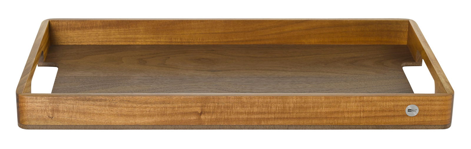 Holztablett mit erhöhtem Rand und Griffen, frontal fotografiert.