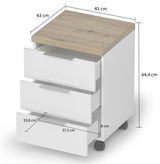 Rollcontainer mit drei Schubladen, weiß mit Holzoberfläche, auf Rollen, perspektivische Ansicht von vorne rechts, Maße: 45 cm Breite, 43 cm Tiefe, 64,4 cm Höhe.