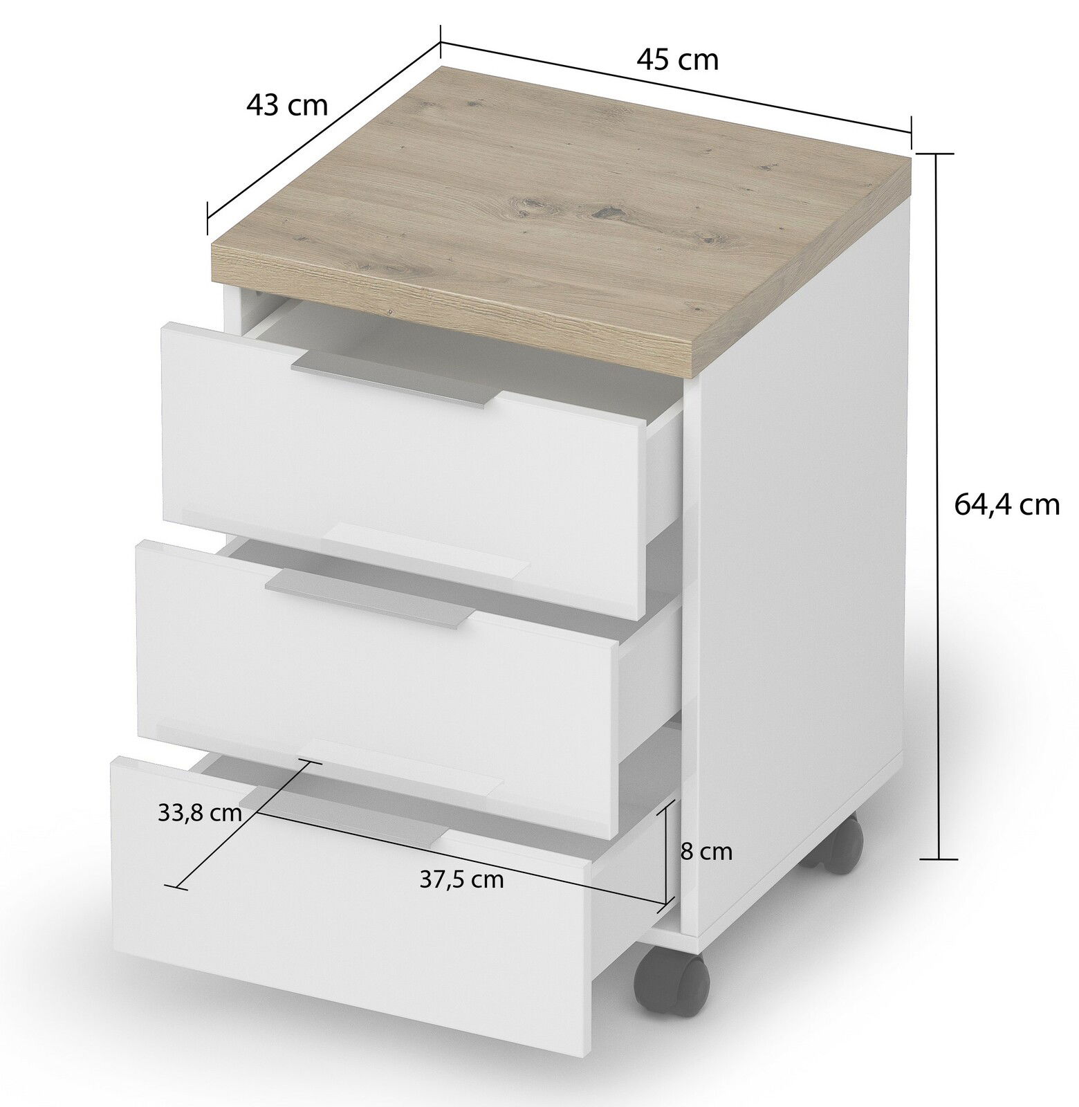 Rollcontainer mit drei Schubladen, weiß mit Holzoberfläche, auf Rollen, perspektivische Ansicht von vorne rechts, Maße: 45 cm Breite, 43 cm Tiefe, 64,4 cm Höhe.