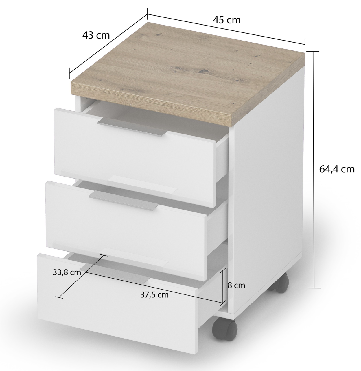 Rollcontainer mit drei Schubladen, weiß mit Holzoberfläche, auf Rollen, perspektivische Ansicht von vorne rechts, Maße: 45 cm Breite, 43 cm Tiefe, 64,4 cm Höhe.
