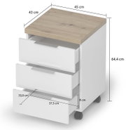 Rolcontainer met drie lades, wit met houten afwerking, op wieltjes, perspectivisch aanzicht van rechtsvoor, afmetingen: 45 cm breed, 43 cm diep, 64,4 cm hoog.
