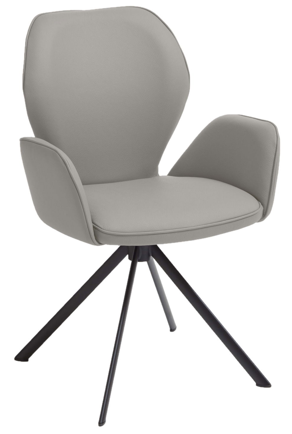 Moderner grauer Sessel mit gepolstertem Sitz und Rückenlehne, sowie schwarzen Metallbeinen, seitliche Perspektive