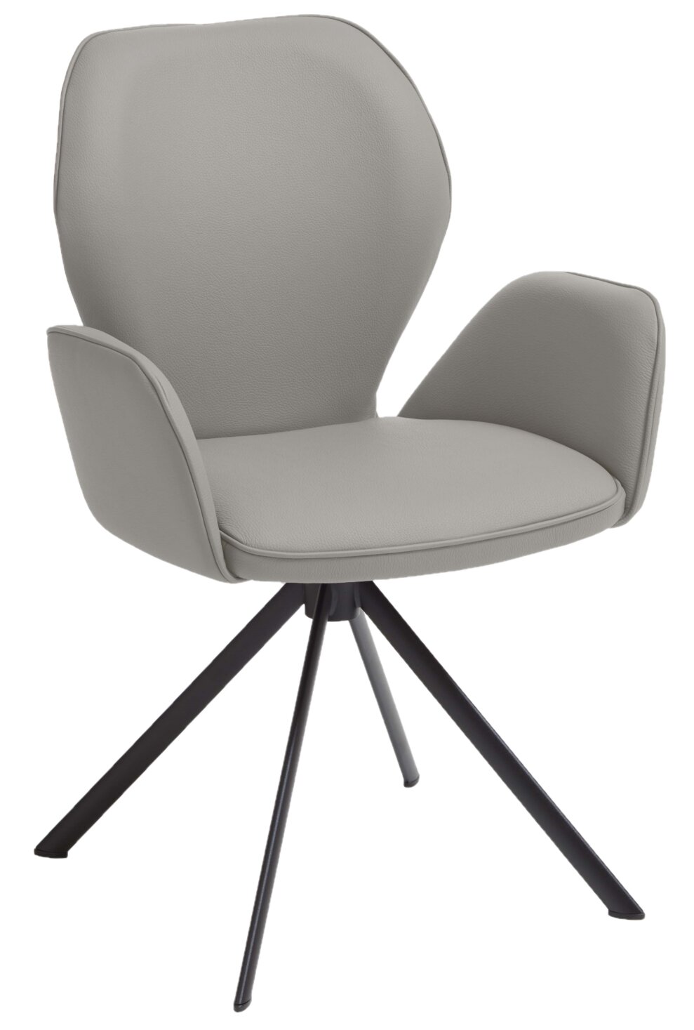 Moderner grauer Sessel mit gepolstertem Sitz und Rückenlehne, sowie schwarzen Metallbeinen, seitliche Perspektive