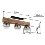 Moderne Deckenleuchte mit drei kugelförmigen Glaskörpern und Holzdetails, seitliche Perspektive