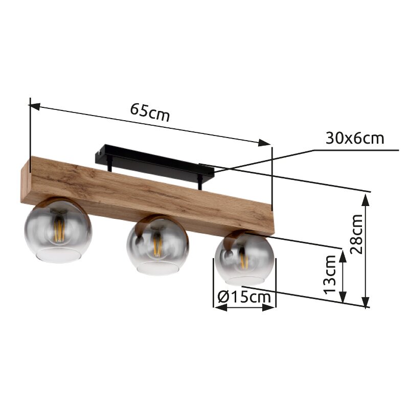 Moderne Deckenleuchte mit drei kugelförmigen Glaskörpern und Holzdetails, seitliche Perspektive