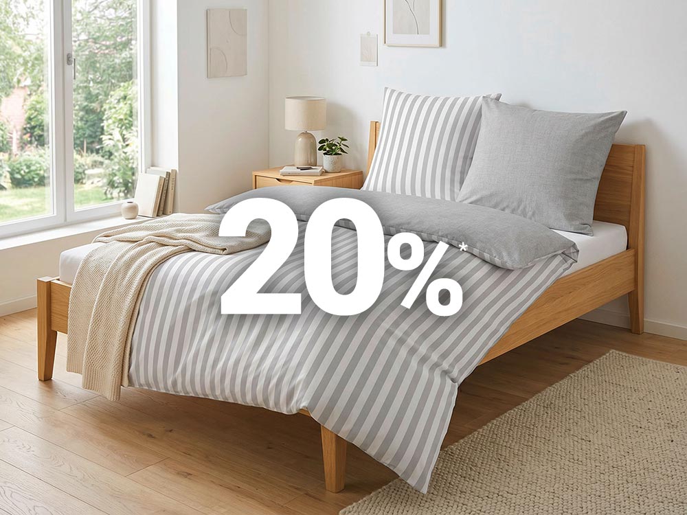 Schlafzimmer mit grauer Streifenbettwäsche und 20 % Rabatt.