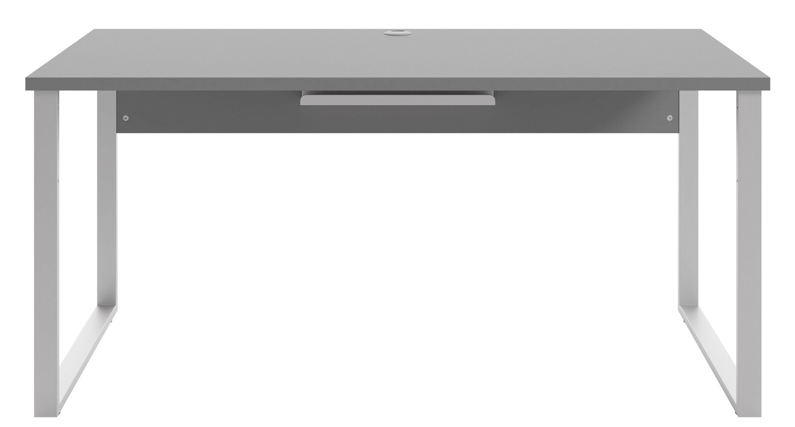 Moderner grauer Schreibtisch mit Metallbeinen, Frontalansicht