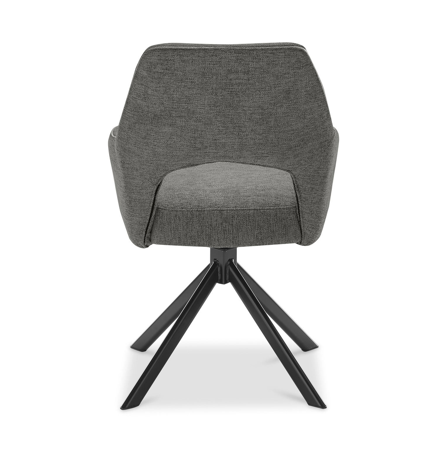 Rückansicht eines grauen Armlehnstuhls mit schwarzem Metallgestell und vier Beinen.