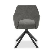 Rückansicht eines grauen Armlehnstuhls mit schwarzem Metallgestell und vier Beinen.