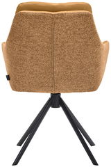 Rückansicht eines Armlehnstuhls mit braunem Stoffbezug und schwarzem Metallgestell.