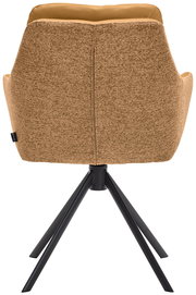 Rückansicht eines Armlehnstuhls mit braunem Stoffbezug und schwarzem Metallgestell.