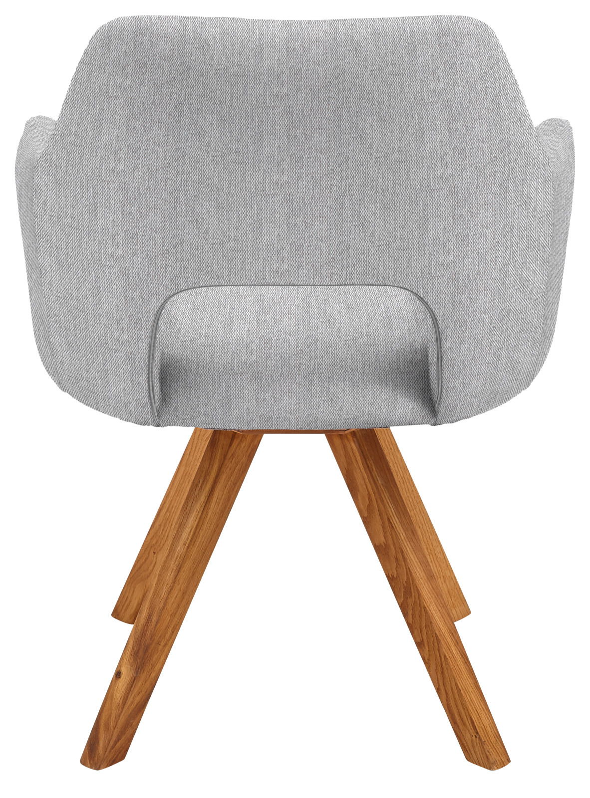Rückansicht eines modernen Sessels mit grauem Stoffbezug und Holzbeinen.