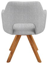 Rückansicht eines modernen Sessels mit grauem Stoffbezug und Holzbeinen.