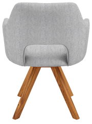 Rückansicht eines modernen Sessels mit grauem Stoffbezug und Holzbeinen.