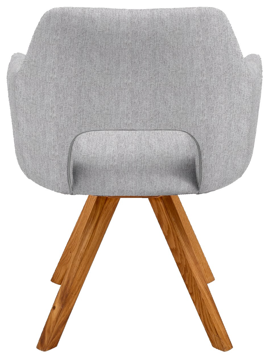 Achterkant van een moderne fauteuil met grijze stoffen bekleding en houten poten.