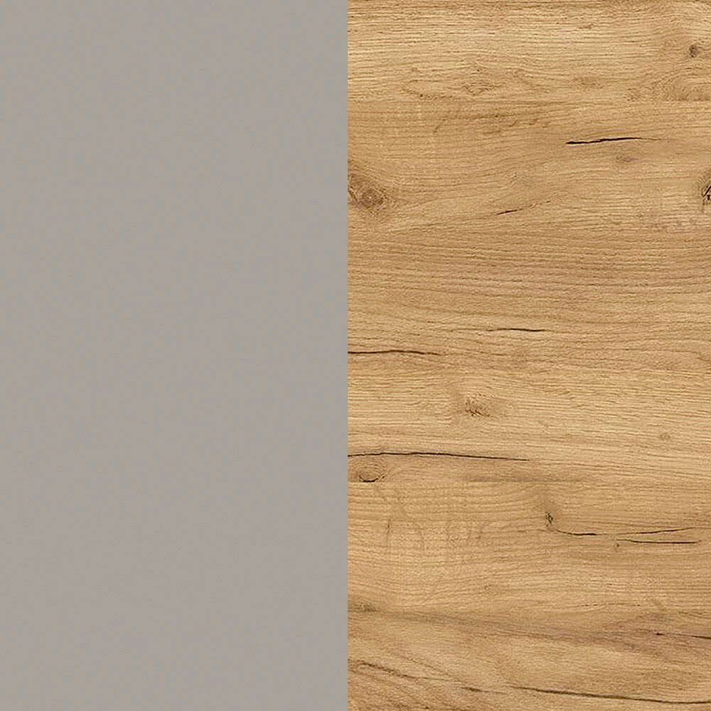 Nahaufnahme einer Holzoberfläche mit natürlicher Maserung und einer grauen Fläche links im Bild.