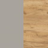 Nahaufnahme einer Holzoberfläche mit natürlicher Maserung und einer grauen Fläche links im Bild.