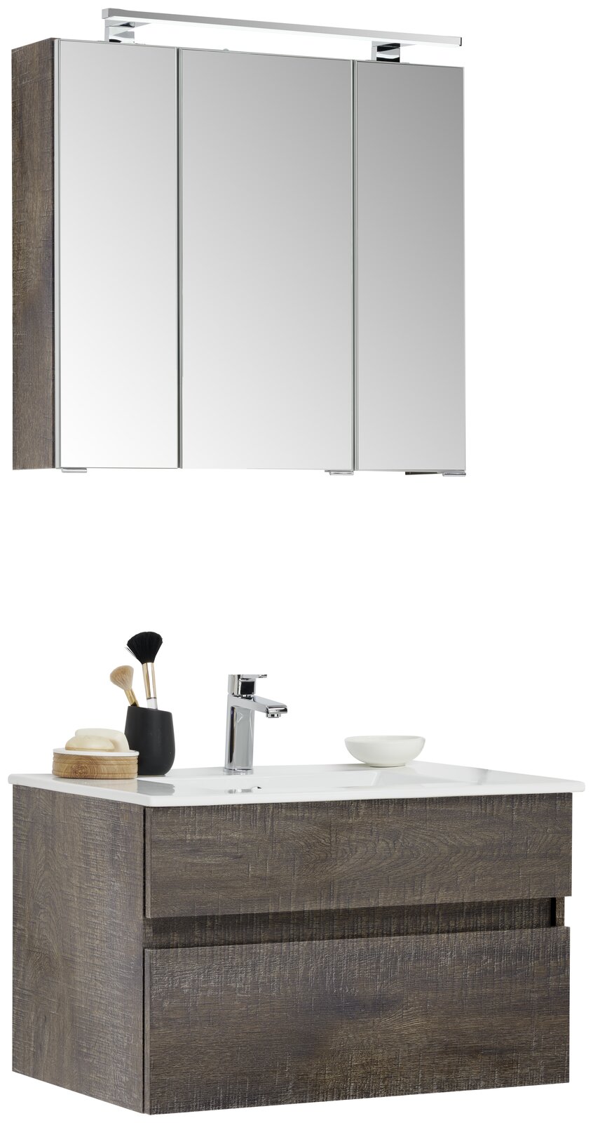 Novel Badblock NV.210 Badezimmermöbel-Set mit Spiegelschrank und Waschbeckenunterschrank in Holzoptik, frontale Ansicht