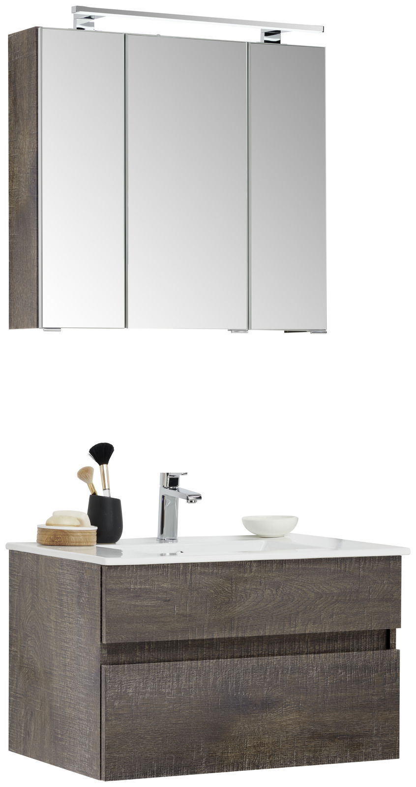 Badezimmermöbel-Set mit Spiegelschrank und Waschbeckenunterschrank in Holzoptik, frontale Ansicht