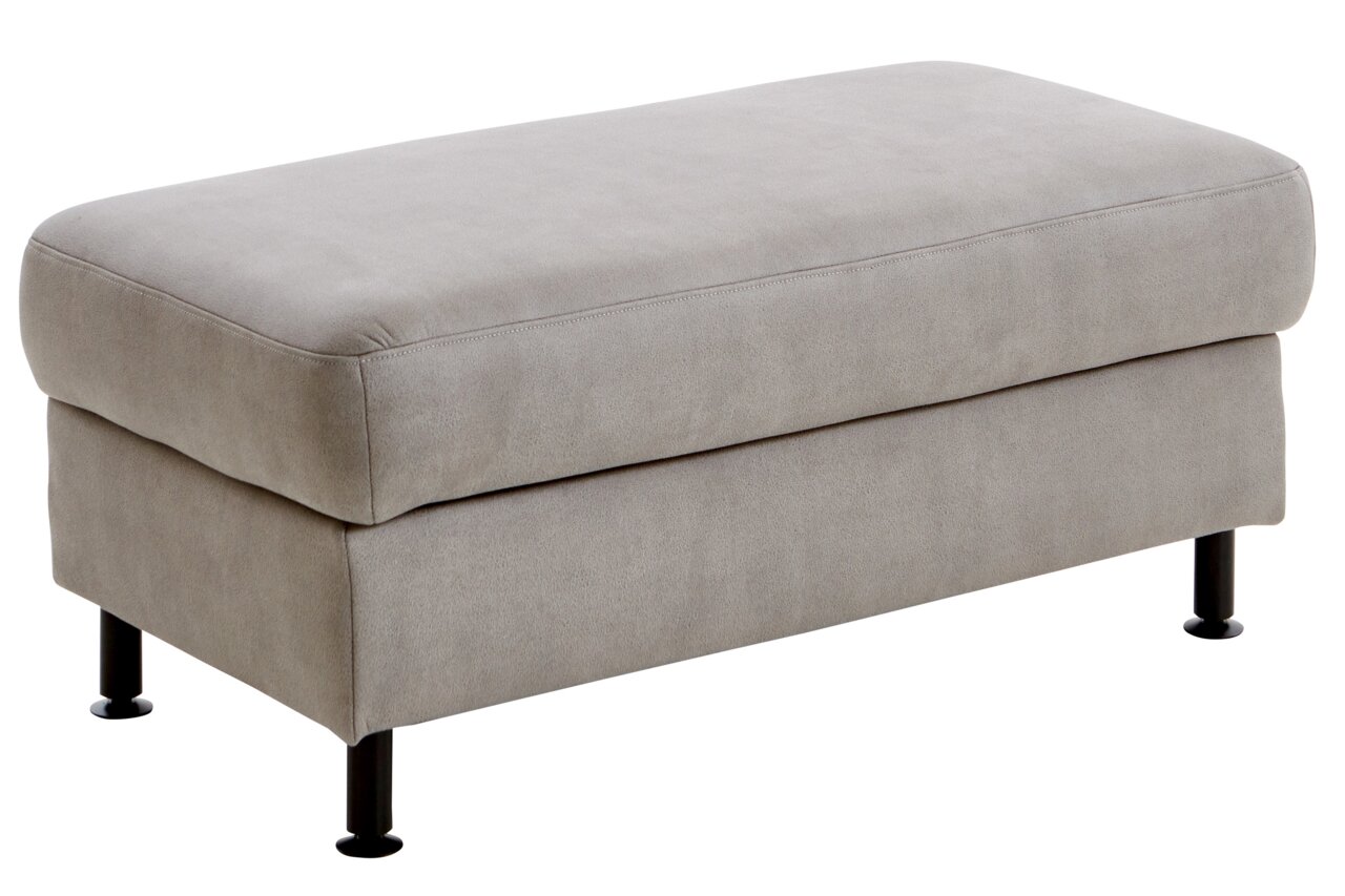 Grauer XXL Hocker mit schwarzem Metallgestell, seitliche Perspektive