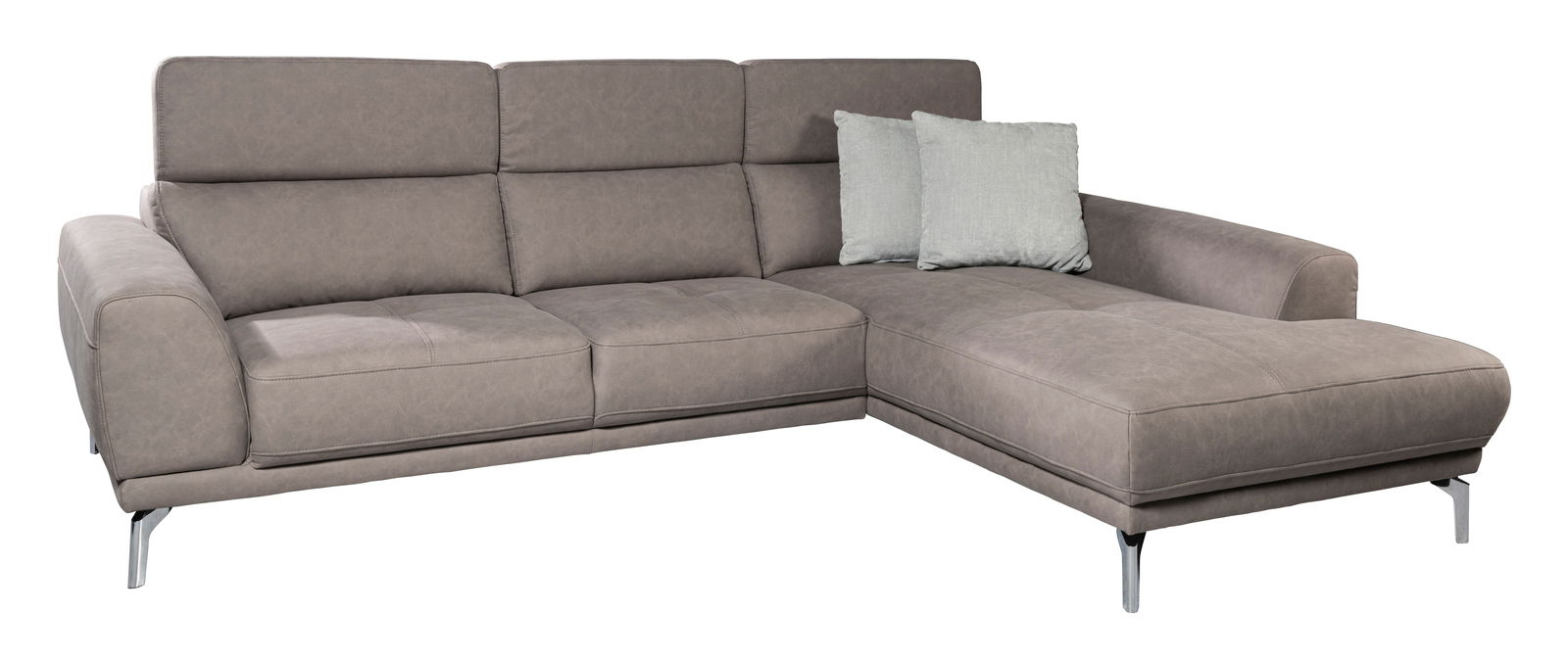 Graues Ecksofa mit zwei Kissen, Perspektive von vorne rechts