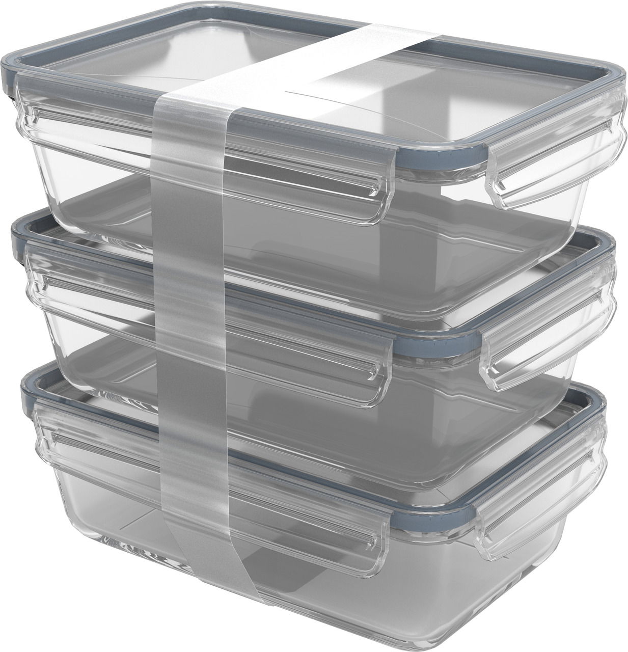 rotho Kühlschrankdose 3tlg. 1,3l CLIC & LOCK Drei gestapelte Kühlschrankdosen aus Glas mit blauen Deckeln, seitliche Perspektive