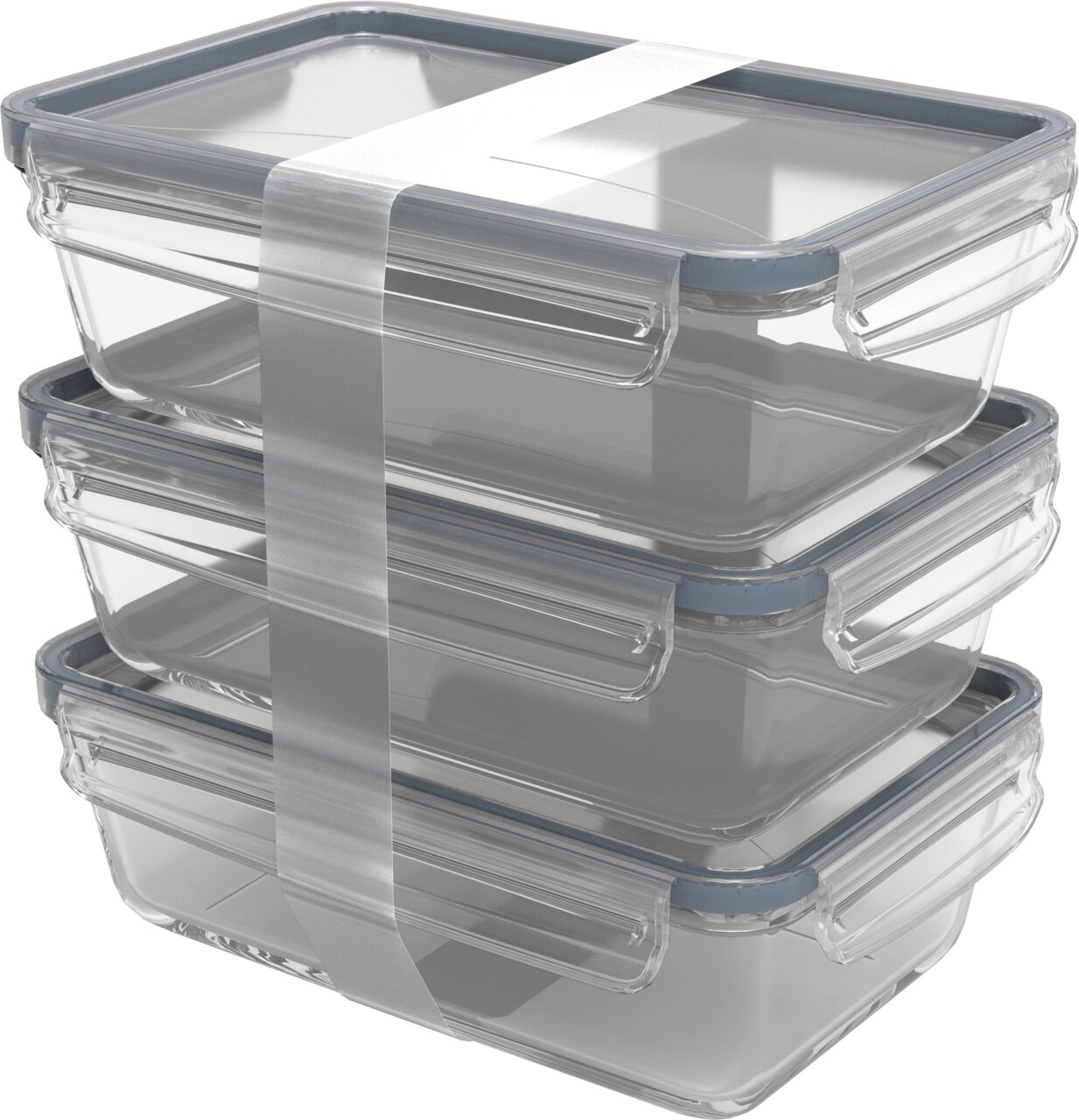 rotho Kühlschrankdose 3tlg. 1,3l CLIC & LOCK Drei gestapelte Kühlschrankdosen aus Glas mit blauen Deckeln, seitliche Perspektive