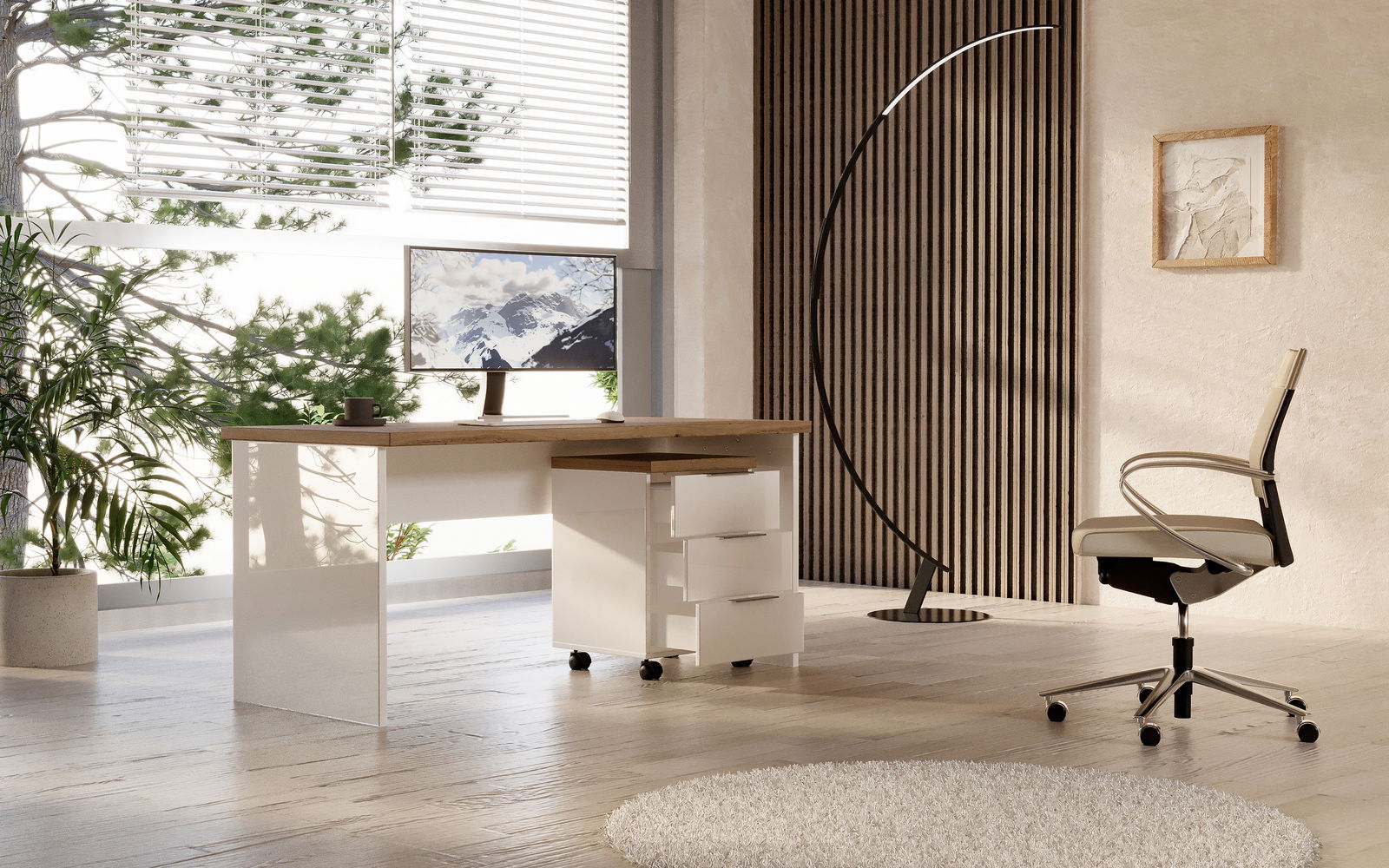 Moderner Schreibtisch mit Rollcontainer in einem hellen Raum, seitliche Perspektive
