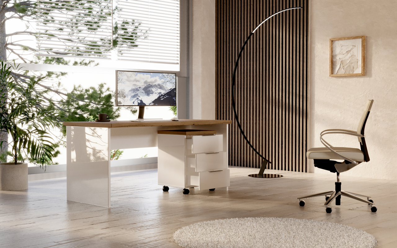 Moderner Schreibtisch mit Rollcontainer in einem hellen Raum, seitliche Perspektive