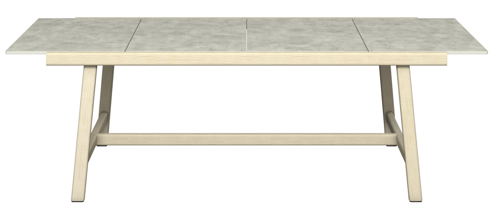 Moderne tuintafel met grijs tafelblad en licht houten onderstel, gezien van voren.