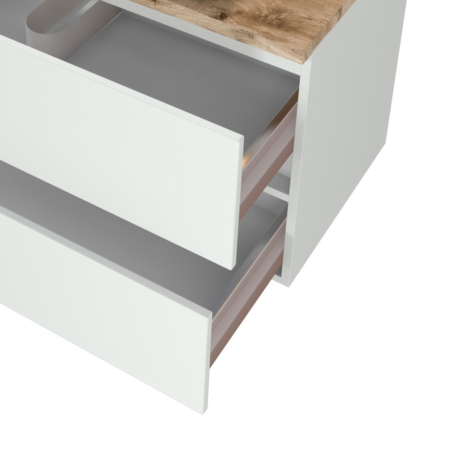 Weißes Waschtisch-Set mit zwei offenen Schubladen und Holzoberfläche, seitliche Perspektive