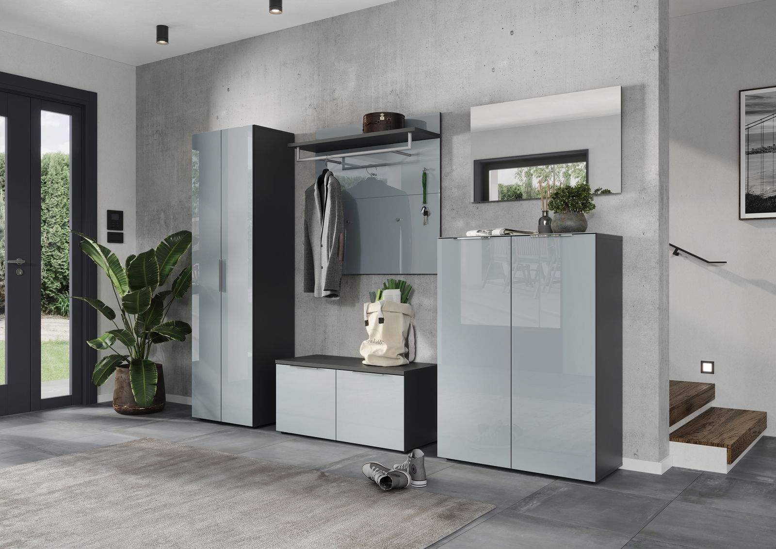 MID.YOU Garderobenpaneel GENOVA Moderne Garderobeneinrichtung in einem Flur mit Schuhschrank, Garderobenpaneel und Spiegel, seitliche Perspektive