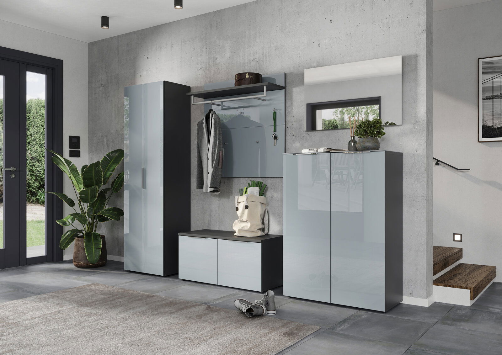 MID.YOU Garderoben-Set GENOVA Moderne Garderobeneinrichtung in einem Flur mit Schuhschrank, Garderobenpaneel und Spiegel, seitliche Perspektive